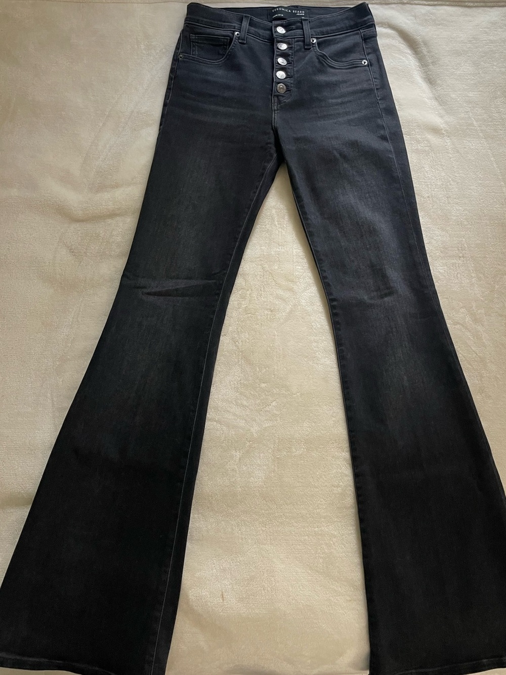 Veronica Beard- Black High-Rise Button-Front Flare Jeans